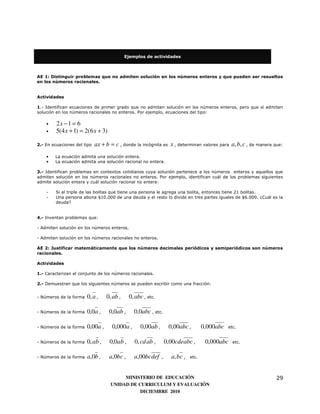 Ejemplos de actividades



AE 1: Distinguir problemas que no admiten solución en los números enteros y que pueden ser resueltos
en los números racionales.


Actividades

1.- Identifican ecuaciones de primer grado que no admiten solución en los números enteros, pero que sí admiten
solución en los números racionales no enteros. Por ejemplo, ecuaciones del tipo:

    •    2x − 1 = 6
    •    5(4 x + 1) = 2(6 x + 3)

2.- En ecuaciones del tipo   ax + b = c , donde la incógnita es x , determinan valores para a, b, c , de manera que:
    •   La ecuación admita una solución entera.
    •   La ecuación admita una solución racional no entera.

3.- Identifican problemas en contextos cotidianos cuya solución pertenece a los números enteros y aquellos que
admiten solución en los números racionales no enteros. Por ejemplo, identifican cuál de los problemas siguientes
admite solución entera y cuál solución racional no entera:

    -   Si al triple de las bolitas que tiene una persona le agrega una bolita, entonces tiene 21 bolitas.
    -   Una persona abona $10.000 de una deuda y el resto lo divide en tres partes iguales de $6.000. ¿Cuál es la
        deuda?


4.- Inventan problemas que:

- Admiten solución en los números enteros.

- Admiten solución en los números racionales no enteros.

AE 2: Justificar matemáticamente que los números decimales periódicos y semiperiódicos son números
racionales.

Actividades

1.- Caracterizan el conjunto de los números racionales.

2.- Demuestran que los siguientes números se pueden escribir como una fracción:


- Números de la forma   0, a ,    0, ab ,     0, abc , etc.

- Números de la forma   0,0a ,     0,0ab ,      0,0abc , etc.

- Números de la forma   0,00a ,      0,000a ,      0,00ab ,        0,00abc ,         0,000abc   etc.


- Números de la forma   0, ab ,     0,0ab ,     0, cd ab ,        0,00cdeabc ,        0,000abc    etc.


- Números de la forma   a,0b ,     a,0bc ,      a,00bc def    ,     a, bc ,   etc.



                                         MINISTERIO DE EDUCACIÓN                                                29
                                    UNIDAD DE CURRICULUM Y EVALUACIÓN
                                               DICIEMBRE 2010
 