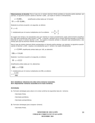 Observaciones al docente: Para el caso de un número decimal infinito periódico el docente podría plantear, por
ejemplo, la siguiente ecuación usando el decimal 0,666… (se repite el número 6 infinitamente)

     x = 0, 666...          amplificando ambos lados por 10 tendrá:

10 · x = 10 · 0, 666...
Restando la primera ecuación a la segunda, se obtiene:

9· x =6
                                                                         6 2
Y multiplicando por el inverso multiplicativo de 9 se obtiene:      x=    =
                                                                         9 3
Se sugiere dar tiempo a los estudiantes para que intenten el mismo procedimiento usado anteriormente (amplificar
por 100) para transformar este número 1,1444… a fracción. Verifican que el número decimal asociado a la fracción
obtenida es igual al número decimal 1,144. Se sugiere al docente someter a discusión este procedimiento y dar
tiempo para que los alumnos intenten otra estrategia.

Para el caso de número decimal infinito semiperiódico el docente podría plantear, por ejemplo, la siguiente ecuación
usando el decimal 1,1444… (explica a los estudiantes que el número 4 se repite infinitamente)

     x = 1,1444   amplificando ambos lados por 100, se obtendrá:


100·x = 114,44
Restando la primera ecuación a la segunda, se obtiene:

 99 · x = 113,3
Amplificando ambos lados por 10, obtenemos:

 990 · x = 1133
Y multiplicando por el inverso multiplicativo de 990, se obtiene:
     1.133
x=
      990


AE 3: Establecer relaciones de orden entre números racionales.
AE 4: Representar números racionales en la recta numérica.


Actividades

1.- Formulan estrategias para ubicar en la recta numérica los siguientes tipos de números:

     - Decimales finitos

     - Decimales periódicos.

     - Decimales semiperiódicos.


2.- Formulan estrategias para comparar números:

     - Decimales finitos.


                                        MINISTERIO DE EDUCACIÓN                                                  30
                                   UNIDAD DE CURRICULUM Y EVALUACIÓN
                                              DICIEMBRE 2010
 
