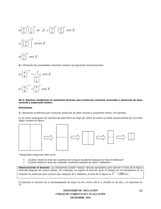 m         m                    m    m
   a  c                         a a
b)     , m ¸ , o
               Z                      :  ,m∈ Z
   b d                          b b
                m
      a n 
c)       , m, n ∈ Z
      b  
            
          m
   a
d)   , m ∈ Z
   b
2.- Utilizando las propiedades anteriores realizan las siguientes demostraciones:

           −m
     a                1
a)            =           m
                                ,m∈Z .
     b            a
                     
                    b
           −m               m
     a          b
b)            =   ,m∈Z
     b          a

AE 9: Resolver problemas en contextos diversos que involucran números racionales o potencias de base
racional y exponente entero.

Actividades

1.- Resuelven problemas que involucran potencias de base racional y exponente entero. Por ejemplo:

a) Un trozo rectangular de cartulina de lado 40cm de largo por 30cm de ancho se dobla sucesivamente por la mitad
según muestra la figura:




- Responden preguntas tales como:

      •    ¿Cuánto medirá el área del cuadrado de la figura resultante después de hacer 8 dobleces?
      •    ¿Cuánto medirá el área del cuadrado resultante después de hacer n dobleces?

Observaciones al docente: Los estudiantes pueden realizar cálculos apropiados para estimar el área de la figura
obtenida después del octavo doblez. Sin embargo, se sugiere al docente guiar el trabajo de los estudiantes en la
notación de potencias para concluir que, después de n dobleces, el área de la figura es   2 −n ⋅ 1200 cm2.

b) Calculan el volumen de un paralelepípedo de largo 0,2 km, ancho 100 m y 30.000 cm de alto, y lo expresan en
m3

                                              MINISTERIO DE EDUCACIÓN                                        33
                                         UNIDAD DE CURRICULUM Y EVALUACIÓN
                                                    DICIEMBRE 2010
 