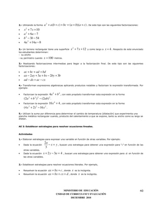 2.- Utilizando la forma    a 2 + a (b + c) + bc = (a + b)(a + c ) . De este tipo son las siguientes factorizaciones:
•   x 2 + 7 x + 10
•   a 2 + 6a − 7
•   b 2 − 3b − 54
•   4a 2 + 14a − 8

3.- Un terreno rectangular tiene una superficie      x 2 + 7 x + 12   y como largo a   x + 4 . Respecto de este enunciado
los estudiantes determinan:
- su ancho
- su perímetro cuando      x = 100   metros.

3.- Realizando factorizaciones intermedias para llegar a la factorización final. De este tipo son las siguientes
factorizaciones:

•    ac + bc + ad + bd
•    ax − 2ay + 3a + bx − 2by + 3b
•    ad − dx + ac − cx
4.- Transforman expresiones algebraicas aplicando productos notables y factorizan la expresión transformada. Por
ejemplo:


•   Factorizan la expresión    4a 4 + b 4 , con este propósito transforman esta expresión en la forma
    (2a 2 + b 2 ) 2 − (2ab) 2 .
                                4
•   Factorizan la expresión 16 x + 4 , con este propósito transforman esta expresión en la forma

    (4 x 2 + 2) 2 − 16 x 2 .
5.- Utilizan la suma por diferencia para determinar el cambio de temperatura (dilatación) que experimenta una
plancha metálica rectangular cuando, producto del calentamiento a que se expone, tanto su ancho como su largo se
dilatan.


AE 3: Establecer estrategias para resolver ecuaciones lineales.


Actividades

1.- Elaboran estrategias para expresar una variable en función de otras variables. Por ejemplo:
                           2a
•   Dada la ecuación          − x = y , buscan una estrategia para obtener una expresión para “x” en función de las
                            3
    otras variables.
•   Dada la ecuación      x + 2 y − 3a = 4     , buscan una estrategia para obtener una expresión para   a   en función de
    las otras variables.


2.- Establecen estrategias para resolver ecuaciones literales. Por ejemplo,

•   Resuelven la ecuación     ax = bx + c , donde x es la incógnita.
•   Resuelven la ecuación     ax = bx + cx + d , donde x es la incógnita.




                                           MINISTERIO DE EDUCACIÓN                                                     40
                                      UNIDAD DE CURRICULUM Y EVALUACIÓN
                                                 DICIEMBRE 2010
 