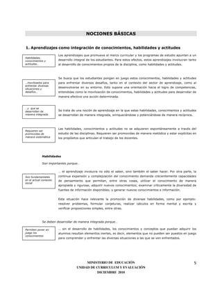 NOCIONES BÁSICAS


1. Aprendizajes como integración de conocimientos, habilidades y actitudes
                        Los aprendizajes que promueve el marco curricular y los programas de estudio apuntan a un
Habilidades,
conocimientos y         desarrollo integral de los estudiantes. Para estos efectos, estos aprendizajes involucran tanto
actitudes…              al desarrollo de conocimientos propios de la disciplina, como habilidades y actitudes.



                        Se busca que los estudiantes pongan en juego estos conocimientos, habilidades y actitudes
…movilizados para       para enfrentar diversos desafíos, tanto en el contexto del sector de aprendizaje, como al
enfrentar diversas
situaciones y
                        desenvolverse en su entorno. Esto supone una orientación hacia el logro de competencias,
desafíos…               entendidas como la movilización de conocimientos, habilidades y actitudes para desarrollar de
                        manera efectiva una acción determinada.



…y que se
desarrollan de          Se trata de una noción de aprendizaje en la que estas habilidades, conocimientos y actitudes
manera integrada.       se desarrollan de manera integrada, enriqueciéndose y potenciándose de manera recíproca.



                        Las habilidades, conocimientos y actitudes no se adquieren espontáneamente a través del
Requieren ser
promovidas de           estudio de las disciplinas. Requieren ser promovidas de manera metódica y estar explícitas en
manera sistemática      los propósitos que articulan el trabajo de los docentes.




             Habilidades

             Son importantes porque…

                        … el aprendizaje involucra no sólo el saber, sino también el saber hacer. Por otra parte, la
Son fundamentales       continua expansión y complejización del conocimiento demanda crecientemente capacidades
en el actual contexto   de pensamiento que permitan, entre otras cosas, utilizar el conocimiento de manera
social
                        apropiada y rigurosa; adquirir nuevos conocimientos; examinar críticamente la diversidad de
                        fuentes de información disponibles; y generar nuevos conocimientos e información.


                        Esta situación hace relevante la promoción de diversas habilidades, como por ejemplo:
                        resolver problemas, formular conjeturas, realizar cálculos en forma mental y escrita y
                        verificar proposiciones simples, entre otras.



             Se deben desarrollar de manera integrada porque…

Permiten poner en       … sin el desarrollo de habilidades, los conocimientos y conceptos que puedan adquirir los
juego los               alumnos resultan elementos inertes, es decir, elementos que no pueden ser puestos en juego
conocimientos
                        para comprender y enfrentar las diversas situaciones a las que se ven enfrentados.




                                         MINISTERIO DE EDUCACIÓN                                                     5
                                    UNIDAD DE CURRICULUM Y EVALUACIÓN
                                               DICIEMBRE 2010
 