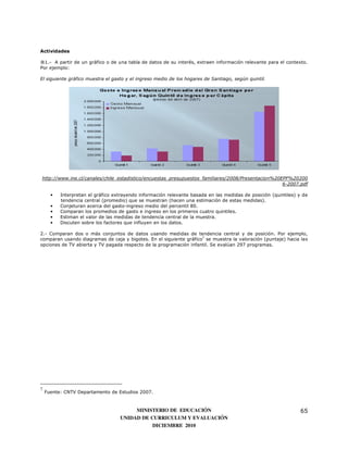 Actividades

®1.- A partir de un gráfico o de una tabla de datos de su interés, extraen información relevante para el contexto.
Por ejemplo:

El siguiente gráfico muestra el gasto y el ingreso medio de los hogares de Santiago, según quintil.




http://www.ine.cl/canales/chile_estadistico/encuestas_presupuestos_familiares/2008/Presentacion%20EPF%20200
                                                                                                   6-2007.pdf

      •   Interpretan el gráfico extrayendo información relevante basada en las medidas de posición (quintiles) y de
          tendencia central (promedio) que se muestran (hacen una estimación de estas medidas).
      •   Conjeturan acerca del gasto-ingreso medio del percentil 80.
      •   Comparan los promedios de gasto e ingreso en los primeros cuatro quintiles.
      •   Estiman el valor de las medidas de tendencia central de la muestra.
      •   Discuten sobre los factores que influyen en los datos.

2.- Comparan dos o más conjuntos de datos usando medidas de tendencia central y de posición. Por ejemplo,
comparan usando diagramas de caja y bigotes. En el siguiente gráfico7 se muestra la valoración (puntaje) hacia las
opciones de TV abierta y TV pagada respecto de la programación infantil. Se evalúan 297 programas.




7
    Fuente: CNTV Departamento de Estudios 2007.



                                        MINISTERIO DE EDUCACIÓN                                                 65
                                   UNIDAD DE CURRICULUM Y EVALUACIÓN
                                              DICIEMBRE 2010
 