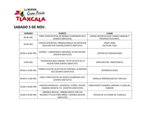 SABADO 5 DE NOV.
       HORARIO                               EVENTO                                        LUGAR
                         FINAL ETAPA ESTATAL DE BEISBOL OLIMPIADAS 2012    UNIDAD DEPORTIVA BLAS CHARRO CARBAJAL Y
      09:00 HRS.
                                       (EVENTO GRATUITO)                            PROSPERO CAHUANTZI.

                        EVENTO DEPORTIVO: PROMOCIONALES DE NATACION                     SPORT ZONE
      09:00 HRS.
                           (RELEVOS POR PUNTOS) (EVENTO GRATUITO)                      OCOTLAN, TLAX.

                        AJEDREZ " CAMPEONATO NACIONAL DE INVITACION"
   09:00 A 18:00 HRS.                                                             CENTRO DE CONVENCIONES
                                      (EVENTO GRATUITO)

                         “CRONOESCALADA VARONIL” RETO CICLISTA DE LA
      10:00 HRS.                                                                 ZONA MILITAR- TEMETZONTLA
                               NUEVA FERIA (EVENTO GRATUITO)

                        TORNEO ESTATAL SELECTIVO DE FOOTBALL OLIMPIADA
   09:00 A 14:00 HRS.                                                                 DIFERENTES SEDES
                                   2012 (EVENTO GRATUITO)

                         FINAL ETAPA ESTATAL DE HOCKEY OLIMPIADA 2012
   09:00 A 13:00 HRS.                                                         MODULO REMODELADO DE TIZATLAN
                                       (EVENTO GRATUITO)

                         EVENTOS INFANTILES: PAYASITOS, TITERES, TEATRO   CARPA ROSETE ARANDA, JARDINES Y PLAZA DEL
   10:00 A 18:00 HRS.
                           CAMADA INFANTIL ETC. (EVENTOS GRATUITOS)                       DANZON
                           LIBROBUS-EDUCAL. LIBRERÍA MOVIL CON LOS
   10:00 A 20:00 HRS.    MEJORES TITULOS PARA NIÑOS Y JOVENES (ACCESO         ZOCALO DE LA CIUDAD DE TLAXCALA
                                          GRATUITO)
 
