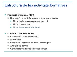 Estructura de les activitats formatives Formació presencial (30h) Descripció de la dinàmica general de les sessions Nombre de sessions presencials: 10.  Horari: 16h – 19h Llocs  ( www.xtec.cat/aulatec ) Formació tutoritzada (30h) Observació i autoobservació Autoanàlisi Generació i aplicació de noves estratègies  Anàlisi dels canvis Comunicació a través de l’espai virtual 