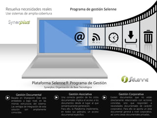 Gestión Documental
Basada en Sharepoint. Éste está
embebido a bajo nivel, en las
mismas estructuras del sistema.
Las ventajas de integración de esta
solución son ampliamente
conocidas.
Gestión Asociativa
Una correcta gestión de los ciclos
documentales implica el acceso a los
documentos desde el lugar al que
semánticamente pertenecen.
Para ello, la Plataforma implementa,
en todos sus gránulos, un acceso
documental específico.
Gestión Corporativa
Existen documentos que no están
directamente relacionados con acciones
concretas, sino que responden a
necesidades documentales de carácter
corporativo. Para ello se aporta un área
documental general a nivel corporativo,
así como áreas documentales privadas.
Resuelva necesidades reales
Use sistemas de amplia cobertura
Plataforma Selenne® Programa de Gestión
Synerplus: Organización de Base Tecnológica
Programa de gestión Selenne
 