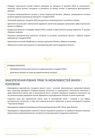 Програма діяльності Кабінету Міністрів України | 2020 15
▪ Побудова національної системи стійкості відповідно до принципів та критеріїв НАТО як комплексного
механізму оцінки ризиків, планування та реагування на кризові ситуації та відновлення функціонування
держави.
▪ Створення людиноцентричної системи у секторі національної безпеки і оборони, запровадження системи
розвитку лідерства відповідно до принципів і стандартів НАТО.
▪ Поступовий перехід до стандартів НАТО для досягнення взаємосумісності та розвитку співпраці.
▪ Здійснення спільних дій із забезпечення відкритості стратегічних урядових комунікацій у сфері національної
безпеки та оборони.
▪ Координація діяльності платформи Україна-НАТО, зокрема у сфері вивчення досвіду виявлення та протидії
гібридним загрозам.
▪ Посилення демократичного цивільного контролю за сектором національної безпеки і оборони України
відповідно до стандартів НАТО.
▪ Удосконалення системи кібербезпеки у секторі національної безпеки, оборони та розвідки.
▪ Забезпечення нового врегулювання на законодавчому рівні захисту державної таємниці.
ЗАБЕЗПЕЧЕННЯ РІВНИХ ПРАВ ТА МОЖЛИВОСТЕЙ ЖІНОК І
ЧОЛОВІКІВ
ОЧІКУВАНІ РЕЗУЛЬТАТИ
1. Впровадження визначених технічних та адміністративних стандартів НАТО.
2. Досягнення прогресу на шляху до євроантлантичної інтеграції.
▪ Впровадження європейських стандартів рівності жінок і чоловіків. Удосконалення нормативно-правової
бази, механізму проведення гендерно-правової експертизи та впровадження статистичних показників у
сфері забезпечення рівних прав та можливостей жінок і чоловіків. Урахування гендерного компонента під
час ухвалення рішень державних органів, формування цілей державної політики та планів їх реалізації.
▪ Створення умов для забезпечення рівних прав та можливостей жінок і чоловіків в усіх сферах
життєдіяльності суспільства, у тому числі шляхом виконання зобов’язань в межах міжнародної ініціативи
“Партнерство Біарріц”.
▪ Впровадження пріоритетів відповідно до Резолюції Ради Безпеки ООН “Жінки, мир, безпека”.
▪ Запровадження інформаційних кампаній з метою покращення розуміння та сприйняття базових концепцій
рівності прав та можливостей жінок і чоловіків на суспільному рівні та подолання стереотипів.
 