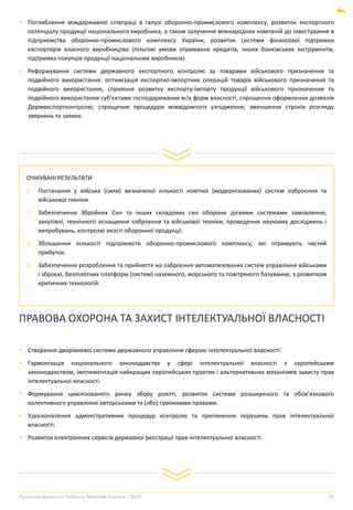 Програма діяльності Кабінету Міністрів України | 2020 40
▪ Поглиблення міждержавної співпраці в галузі оборонно-промислового комплексу, розвиток експортного
потенціалу продукції національного виробника, а також залучення міжнародних компаній до інвестування в
підприємства оборонно-промислового комплексу України; розвиток системи фінансової підтримки
експортерів власного виробництва (пільгові умови отримання кредитів, інших банківських інструментів,
підтримка покупців продукції національних виробників).
▪ Реформування системи державного експортного контролю за товарами військового призначення та
подвійного використання: оптимізація експортно-імпортних операцій товарів військового призначення та
подвійного використання, сприяння розвитку експорту-імпорту продукції військового призначення та
подвійного використання суб’єктами господарювання всіх форм власності, спрощення оформлення дозволів
Держекспортконтролю, спрощення процедури міжвідомчого узгодження; зменшення строків розгляду
звернень та заявок.
ОЧІКУВАНІ РЕЗУЛЬТАТИ
1. Постачання у війська (сили) визначеної кількості новітніх (модернізованих) систем озброєння та
військової техніки.
2. Забезпечення Збройних Сил та інших складових сил оборони дієвими системами замовлення,
закупівлі, технічного оснащення озброєння та військової техніки, проведення наукових досліджень і
випробувань, контролю якості оборонної продукції.
3. Збільшення кількості підприємств оборонно-промислового комплексу, які отримують чистий
прибуток.
4. Забезпечення розроблення та прийняття на озброєння автоматизованих систем управління військами
і зброєю, безпілотних платформ (систем) наземного, морського та повітряного базування, з розвитком
критичних технологій.
ПРАВОВА ОХОРОНА ТА ЗАХИСТ ІНТЕЛЕКТУАЛЬНОЇ ВЛАСНОСТІ
▪ Створення дворівневої системи державного управління сферою інтелектуальної власності.
▪ Гармонізація національного законодавства у сфері інтелектуальної власності з європейським
законодавством, імплементація найкращих європейських практик і альтернативних механізмів захисту прав
інтелектуальної власності.
▪ Формування цивілізованого ринку збору роялті, розвиток системи розширеного та обов’язкового
колективного управління авторськими та (або) суміжними правами.
▪ Удосконалення адміністративних процедур контролю та припинення порушень прав інтелектуальної
власності.
▪ Розвиток електронних сервісів державної реєстрації прав інтелектуальної власності.
 