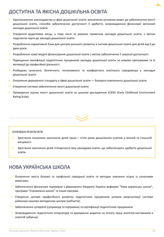 Програма діяльності Кабінету Міністрів України | 2020 80
ДОСТУПНА ТА ЯКІСНА ДОШКІЛЬНА ОСВІТА
▪ Удосконалення законодавства у сфері дошкільної освіти: визначення основних вимог до забезпечення якості
дошкільної освіти, способів забезпечення доступності її здобуття, запровадження фінансової автономії
закладів дошкільної освіти.
▪ Створення додаткових місць, у тому числі за рахунок приватних закладів дошкільної освіти, з метою
подолання черги до закладів дошкільної освіти.
▪ Розроблення нормативної бази для центрів раннього розвитку в системі дошкільної освіти для дітей від 0 до
двох років.
▪ Розроблення нової моделі фінансування дошкільної освіти з метою забезпечення її широкої доступності.
▪ Підвищення кваліфікації педагогічних працівників закладів дошкільної освіти за новими програмами та їх
мотивації до професійної діяльності.
▪ Розбудова сучасного, безпечного, інклюзивного та комфортного освітнього середовища у закладах
дошкільної освіти.
▪ Оновлення державного стандарту у сфері дошкільної освіти ― базового компонента дошкільної освіти.
▪ Створення системи забезпечення якості дошкільної освіти.
▪ Проведення оцінки якості дошкільної освіти за шкалою дослідження ECERS (Early Childhood Environment
Rating Scale).
ОЧІКУВАНІ РЕЗУЛЬТАТИ
1. Зростання показника охоплення дітей трьох – п’яти років дошкільною освітою у міській та сільській
місцевості.
2. Зростання охоплення дітей п’ятирічного віку закладами освіти, що забезпечують здобуття дошкільної
освіти.
НОВА УКРАЇНСЬКА ШКОЛА
▪ Оновлення змісту базової та профільної середньої освіти та методик навчання згідно із сучасними
вимогами.
▪ Забезпечення фінансової підтримки з Державного бюджету України реформи “Нова українська школа”,
програми “Спроможна школа” та інших програм.
▪ Створення центрів професійного розвитку педагогічних працівників шляхом реорганізації системи
районних науково-методичних центрів (кабінетів).
▪ Забезпечення супервізії (супроводу та підтримки) та сертифікації педагогічних працівників.
▪ Запровадження педагогічної інтернатури та врахування видатків на оплату праці вчителів-наставників в
освітній субвенції.
 