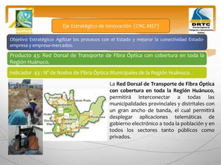 Objetivo Estratégico: Agilizar los procesos con el Estado y mejorar la conectividad Estado-
empresa y empresa-mercados.
Producto 43: Red Dorsal de Transporte de Fibra Óptica con cobertura en toda la
Región Huánuco.
Eje Estratégico de Innovación (CNC-MEF)
Indicador 43 : N° de Nodos de Fibra Óptica Municipales de la Región Huánuco.
La Red Dorsal de Transporte de Fibra Óptica
con cobertura en toda la Región Huánuco,
permitirá interconectar a todas las
municipalidades provinciales y distritales con
un gran ancho de banda, el cual permitirá
desplegar aplicaciones telemáticas de
gobierno electrónico a toda la población y en
todos los sectores tanto públicos como
privados.
 