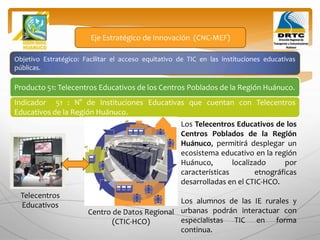 Objetivo Estratégico: Facilitar el acceso equitativo de TIC en las instituciones educativas
públicas.
Producto 51: Telecentros Educativos de los Centros Poblados de la Región Huánuco.
Eje Estratégico de Innovación (CNC-MEF)
Indicador 51 : N° de Instituciones Educativas que cuentan con Telecentros
Educativos de la Región Huánuco.
Centro de Datos Regional
(CTIC-HCO)
Telecentros
Educativos
Los Telecentros Educativos de los
Centros Poblados de la Región
Huánuco, permitirá desplegar un
ecosistema educativo en la región
Huánuco, localizado por
características etnográficas
desarrolladas en el CTIC-HCO.
Los alumnos de las IE rurales y
urbanas podrán interactuar con
especialistas TIC en forma
continua.
 