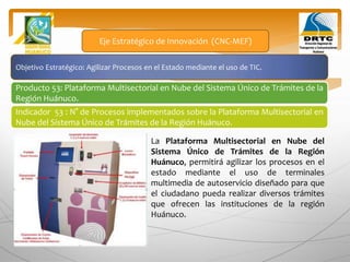 Objetivo Estratégico: Agilizar Procesos en el Estado mediante el uso de TIC.
Producto 53: Plataforma Multisectorial en Nube del Sistema Único de Trámites de la
Región Huánuco.
Eje Estratégico de Innovación (CNC-MEF)
Indicador 53 : N° de Procesos implementados sobre la Plataforma Multisectorial en
Nube del Sistema Único de Trámites de la Región Huánuco.
La Plataforma Multisectorial en Nube del
Sistema Único de Trámites de la Región
Huánuco, permitirá agilizar los procesos en el
estado mediante el uso de terminales
multimedia de autoservicio diseñado para que
el ciudadano pueda realizar diversos trámites
que ofrecen las instituciones de la región
Huánuco.
 