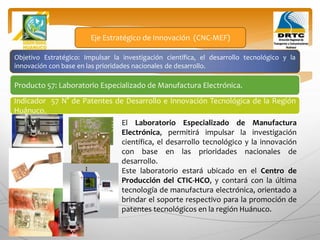 Objetivo Estratégico: Impulsar la investigación científica, el desarrollo tecnológico y la
innovación con base en las prioridades nacionales de desarrollo.
Producto 57: Laboratorio Especializado de Manufactura Electrónica.
Eje Estratégico de Innovación (CNC-MEF)
Indicador 57 N° de Patentes de Desarrollo e Innovación Tecnológica de la Región
Huánuco.
El Laboratorio Especializado de Manufactura
Electrónica, permitirá impulsar la investigación
científica, el desarrollo tecnológico y la innovación
con base en las prioridades nacionales de
desarrollo.
Este laboratorio estará ubicado en el Centro de
Producción del CTIC-HCO, y contará con la última
tecnología de manufactura electrónica, orientado a
brindar el soporte respectivo para la promoción de
patentes tecnológicos en la región Huánuco.
 