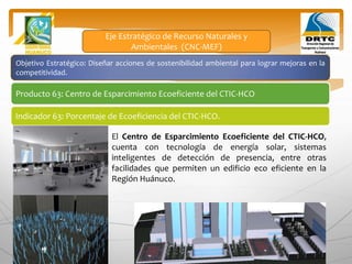 Objetivo Estratégico: Diseñar acciones de sostenibilidad ambiental para lograr mejoras en la
competitividad.
Producto 63: Centro de Esparcimiento Ecoeficiente del CTIC-HCO
Indicador 63: Porcentaje de Ecoeficiencia del CTIC-HCO.
Eje Estratégico de Recurso Naturales y
Ambientales (CNC-MEF)
El Centro de Esparcimiento Ecoeficiente del CTIC-HCO,
cuenta con tecnología de energía solar, sistemas
inteligentes de detección de presencia, entre otras
facilidades que permiten un edificio eco eficiente en la
Región Huánuco.
 