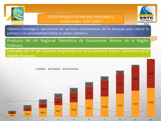 Objetivo Estratégico: Aprovechar los servicios ecosistémicos de los bosques para reducir la
pobreza y la vulnerabilidad frente al cambio climático.
Producto 66: Kit Regional Telemático de Ecosistemas Nativos de la Región
Huánuco.
Indicador 66: N° de Usuarios Registrados en el Ecosistema Nativo Telemático de la
Región Huánuco.
1656
3313
4970
6627
8284
9941
11598
13255
14912
16569
616
1463
2540
3851
5393
7167
9174
11412
13883
16586
1040
1850
2430
2776
2891
2774
2424
1843
1029
0
1 2 3 4 5 6 7 8 9 10
NORMAL ATENDIDA NO ATENDIDA
Eje Estratégico de Recurso Naturales y
Ambientales (CNC-MEF)
 