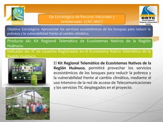 Objetivo Estratégico: Aprovechar los servicios ecosistémicos de los bosques para reducir la
pobreza y la vulnerabilidad frente al cambio climático.
Producto 66: Kit Regional Telemático de Ecosistemas Nativos de la Región
Huánuco.
Indicador 66: N° de Usuarios Registrados en el Ecosistema Nativo Telemático de la
Región Huánuco.
Eje Estratégico de Recurso Naturales y
Ambientales (CNC-MEF)
El Kit Regional Telemático de Ecosistemas Nativos de la
Región Huánuco, permitirá provechar los servicios
ecosistémicos de los bosques para reducir la pobreza y
la vulnerabilidad frente al cambio climático, mediante el
uso intensivo de la red de acceso de Telecomunicaciones
y los servicios TIC desplegados en el proyecto.
 