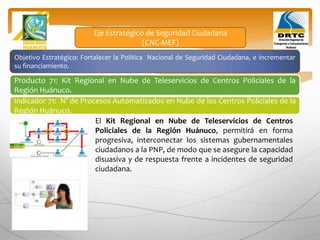 Objetivo Estratégico: Fortalecer la Política Nacional de Seguridad Ciudadana, e incrementar
su financiamiento.
Producto 71: Kit Regional en Nube de Teleservicios de Centros Policiales de la
Región Huánuco.
Indicador 71: N° de Procesos Automatizados en Nube de los Centros Policiales de la
Región Huánuco.
Eje Estratégico de Seguridad Ciudadana
(CNC-MEF)
El Kit Regional en Nube de Teleservicios de Centros
Policiales de la Región Huánuco, permitirá en forma
progresiva, interconectar los sistemas gubernamentales
ciudadanos a la PNP, de modo que se asegure la capacidad
disuasiva y de respuesta frente a incidentes de seguridad
ciudadana.
 
