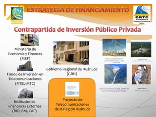 Proyecto de
Telecomunicaciones
de la Región Huánuco
Gobierno Regional de Huánuco
(GRH)Fondo de Inversión en
Telecomunicaciones
(FITEL-MTC)
Ministerio de
Economía y Finanzas
(MEF) Volcan Compañía Minera
Central Hidroeléctrica Belo
Horizonte
Empresa de Generación Huallaga (Odebrech)
Central Hidroeléctrica Chaglla
Petroleum Del Perú
Explotación Petrolera en Puerto Inca
Minera Raura
Minería Oro, Plata, etc.
Instituciones
Financieras Externas
(BID, BM, CAF)
 