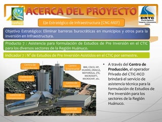 Eje Estratégico de Infraestructura (CNC-MEF)
Objetivo Estratégico: Eliminar barreras burocráticas en municipios y otros para la
inversión en Infraestructura.
Producto 7 : Asistencia para formulación de Estudios de Pre Inversión en el CTIC
para los diversos sectores de la Región Huánuco.
Indicador 7 : N° de Estudios de Pre Inversión Asistidos en el CTIC por semestre.
• A través del Centro de
Producción, el operador
Privado del CTIC-HCO
brindará el servicio de
asistencia técnica para la
formulación de Estudios de
Pre Inversión para los
sectores de la Región
Huánuco.
 