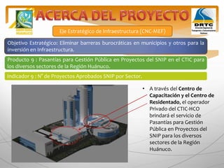 Eje Estratégico de Infraestructura (CNC-MEF)
Objetivo Estratégico: Eliminar barreras burocráticas en municipios y otros para la
inversión en Infraestructura.
Producto 9 : Pasantías para Gestión Pública en Proyectos del SNIP en el CTIC para
los diversos sectores de la Región Huánuco.
Indicador 9 : N° de Proyectos Aprobados SNIP por Sector.
• A través del Centro de
Capacitación y el Centro de
Residentado, el operador
Privado del CTIC-HCO
brindará el servicio de
Pasantías para Gestión
Pública en Proyectos del
SNIP para los diversos
sectores de la Región
Huánuco.
 