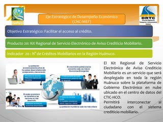 Objetivo Estratégico: Facilitar el acceso al crédito.
Producto 20: Kit Regional de Servicio Electrónico de Aviso Crediticio Mobiliario.
Eje Estratégico de Desempeño Económico
(CNC-MEF)
Indicador 20 : N° de Créditos Mobiliarios en la Región Huánuco.
El Kit Regional de Servicio
Electrónico de Aviso Crediticio
Mobiliario es un servicio que será
desplegado en toda la región
Huánuco sobre la plataforma de
Gobierno Electrónico en nube
ubicado en el centro de datos del
CTIC-HCO.
Permitirá interconectar al
ciudadano con el sistema
crediticio mobiliario.
 