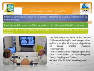 Objetivo Estratégico: Fortalecer la Política Nacional de Salud, e incrementar su
financiamiento.
Producto 21: Telecentros de Salud de los Centros Poblados de la Región Huánuco.
Eje Estratégico de Salud (CNC-MEF)
Indicador 21 : N° de Atenciones Remotas de Asistencia Médica en la Región
Huánuco.
Los Telecentros de Salud de los Centros
Poblados de la Región Huánuco permitirá
agilizar y ampliar el apoyo al diagnóstico
en zonas remotas mediante
Telepresencia:
Fase 1: capacitación a médicos y personal
Fase 2: conectividad con hospital regional
Fase 3: despliegue a Centros
Asistenciales de Salud a nivel regional
 