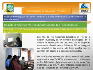 Objetivo Estratégico: Fortalecer la Política Nacional de Educación, e incrementar su
financiamiento.
Producto 22: Kit de Tele-Asistencia Educativa en TICs de la Región Huánuco.
Eje Estratégico de Educación (CNC-MEF)
Indicador 22 : N° de Atenciones Remotas de Asistencia Educativa en TICs de la
Región Huánuco.
Los Kits de Tele-Asistencia Educativa en TIC de la
Región Huánuco, es un servicio desplegado en el
Centro de Producción del CTIC-HCO con el propósito
de acelerar el crecimiento del sector TIC en la región,
en especial en los jóvenes de áreas rurales que no
cuentan con acceso a la educación de calidad.
Los Profesores asisten a la oficina central del Centro
de Capacitación CTIC-HCO, y se conectan con las aulas
de los Telecentros Educativos sobre la red de Acceso
Inalámbrico 4G (HSPA+/LTE) interconectado sobre la
Red de Transporte en Fibra Óptica DWDM.
 