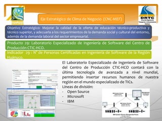 Objetivo Estratégico: Mejorar la calidad de la oferta de educación técnico-productiva y
técnico superior, y adecuarla a los requerimientos de la demanda social y cultural del entorno,
además de la demanda laboral del sector empresarial.
Producto 29: Laboratorio Especializado de Ingeniería de Software del Centro de
Producción CTIC-HCO.
Eje Estratégico de Clima de Negocio (CNC-MEF)
Indicador 29 : N° de Personas Certificadas en Ingeniería de Software de la Región
Huánuco.
El Laboratorio Especializado de Ingeniería de Software
del Centro de Producción CTIC-HCO contará con la
última tecnología de avanzada a nivel mundial,
permitiendo insertar recursos humanos de nuestra
región en el mundo especializado de TICs.
Líneas de división:
- Open Source
- Microsoft
- IBM
 