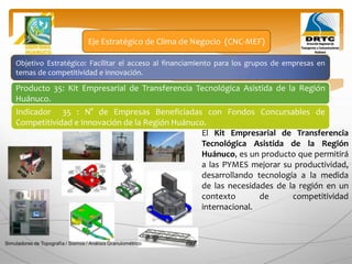 Objetivo Estratégico: Facilitar el acceso al financiamiento para los grupos de empresas en
temas de competitividad e innovación.
Producto 35: Kit Empresarial de Transferencia Tecnológica Asistida de la Región
Huánuco.
Eje Estratégico de Clima de Negocio (CNC-MEF)
Indicador 35 : N° de Empresas Beneficiadas con Fondos Concursables de
Competitividad e Innovación de la Región Huánuco.
El Kit Empresarial de Transferencia
Tecnológica Asistida de la Región
Huánuco, es un producto que permitirá
a las PYMES mejorar su productividad,
desarrollando tecnología a la medida
de las necesidades de la región en un
contexto de competitividad
internacional.
 