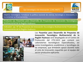 Objetivo Estratégico: Fortalecer la política nacional de ciencia, tecnología e innovación, e
incrementar su financiamiento.
Producto 39: Pasantías para Desarrollo de Proyectos de Innovación Tecnológica
Multisectorial de la Región Huánuco.
Eje Estratégico de Innovación (CNC-MEF)
Indicador 39 : N° de Proyectos de Innovación Tecnológica Multisectorial Finalizados
Exitosamente de la Región Huánuco.
Las Pasantías para Desarrollo de Proyectos de
Innovación Tecnológica Multisectorial de la
Región Huánuco será desplegado en el Centro de
Producción del CTIC-HCO que contará con
Laboratorios tecnológicos Especializados, así
como investigadores académicos y tecnólogos de
las empresas, que brindarán apoyo durante todo
el ciclo de innovación requerido por el equipo del
sector productivo aplicante.
 