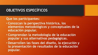 OBJETIVOS ESPECÍFICOS 
Que los participantes: 
•Conozcan la perspectiva histórica, los elementos metodológicos y conceptuales de la educación popular. 
•Comprendan la metodología de la educación popular y sus alternativas pedagógicas. 
•Desarrollen las fases del diseño, la ejecución y la presentación de resultados de la educación popular.  