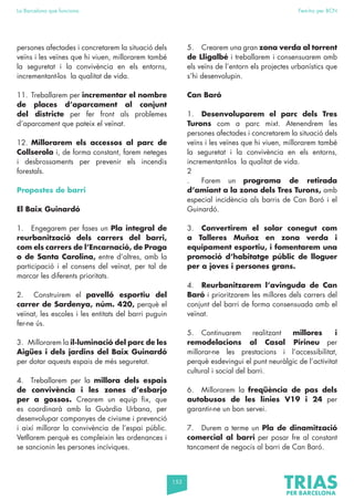 153
La Barcelona que funciona Fem-ho per BCN
persones afectades i concretarem la situació dels
veïns i les veïnes que hi viuen, millorarem també
la seguretat i la convivència en els entorns,
incrementant-los la qualitat de vida.
11. Treballarem per incrementar el nombre
de places d’aparcament al conjunt
del districte per fer front als problemes
d’aparcament que pateix el veïnat.
12. Millorarem els accessos al parc de
Collserola i, de forma constant, farem neteges
i desbrossaments per prevenir els incendis
forestals.
Propostes de barri
El Baix Guinardó
1. Engegarem per fases un Pla integral de
reurbanització dels carrers del barri,
com els carrers de l’Encarnació, de Praga
o de Santa Carolina, entre d’altres, amb la
participació i el consens del veïnat, per tal de
marcar les diferents prioritats.
2. Construirem el pavelló esportiu del
carrer de Sardenya, núm. 420, perquè el
veïnat, les escoles i les entitats del barri puguin
fer-ne ús.
3. Millorarem la il·luminació del parc de les
Aigües i dels jardins del Baix Guinardó
per dotar aquests espais de més seguretat.
4. Treballarem per la millora dels espais
de convivència i les zones d’esbarjo
per a gossos. Crearem un equip fix, que
es coordinarà amb la Guàrdia Urbana, per
desenvolupar campanyes de civisme i prevenció
i així millorar la convivència de l’espai públic.
Vetllarem perquè es compleixin les ordenances i
se sancionin les persones incíviques.
5. Crearem una gran zona verda al torrent
de Lligalbé i treballarem i consensuarem amb
els veïns de l’entorn els projectes urbanístics que
s’hi desenvolupin.
Can Baró
1. Desenvoluparem el parc dels Tres
Turons com a parc mixt. Atenendrem les
persones afectades i concretarem la situació dels
veïns i les veïnes que hi viuen, millorarem també
la seguretat i la convivència en els entorns,
incrementant-los la qualitat de vida.
2
. Farem un programa de retirada
d’amiant a la zona dels Tres Turons, amb
especial incidència als barris de Can Baró i el
Guinardó.
3. Convertirem el solar conegut com
a Talleres Muñoz en zona verda i
equipament esportiu, i fomentarem una
promoció d’habitatge públic de lloguer
per a joves i persones grans.
4. Reurbanitzarem l’avinguda de Can
Baró i prioritzarem les millores dels carrers del
conjunt del barri de forma consensuada amb el
veïnat.
5. Continuarem realitzant millores i
remodelacions al Casal Pirineu per
millorar-ne les prestacions i l’accessibilitat,
perquè esdevingui el punt neuràlgic de l’activitat
cultural i social del barri.
6. Millorarem la freqüència de pas dels
autobusos de les línies V19 i 24 per
garantir-ne un bon servei.
7. Durem a terme un Pla de dinamització
comercial al barri per posar fre al constant
tancament de negocis al barri de Can Baró.
 