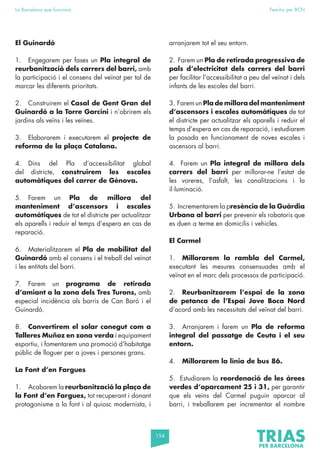 154
La Barcelona que funciona Fem-ho per BCN
El Guinardó
1. Engegarem per fases un Pla integral de
reurbanització dels carrers del barri, amb
la participació i el consens del veïnat per tal de
marcar les diferents prioritats.
2. Construirem el Casal de Gent Gran del
Guinardó a la Torre Garcini i n’obrirem els
jardins als veïns i les veïnes.
3. Elaborarem i executarem el projecte de
reforma de la plaça Catalana.
4. Dins del Pla d’accessibilitat global
del districte, construirem les escales
automàtiques del carrer de Gènova.
5. Farem un Pla de millora del
manteniment d’ascensors i escales
automàtiques de tot el districte per actualitzar
els aparells i reduir el temps d’espera en cas de
reparació.
6. Materialitzarem el Pla de mobilitat del
Guinardó amb el consens i el treball del veïnat
i les entitats del barri.
7. Farem un programa de retirada
d’amiant a la zona dels Tres Turons, amb
especial incidència als barris de Can Baró i el
Guinardó.
8. Convertirem el solar conegut com a
Talleres Muñoz en zona verda i equipament
esportiu, i fomentarem una promoció d’habitatge
públic de lloguer per a joves i persones grans.
La Font d’en Fargues
1. Acabarem la reurbanització la plaça de
la Font d’en Fargues, tot recuperant i donant
protagonisme a la font i al quiosc modernista, i
arranjarem tot el seu entorn.
2. Farem un Pla de retirada progressiva de
pals d’electricitat dels carrers del barri
per facilitar l’accessibilitat a peu del veïnat i dels
infants de les escoles del barri.
3. Farem un Pla de millora del manteniment
d’ascensors i escales automàtiques de tot
el districte per actualitzar els aparells i reduir el
temps d’espera en cas de reparació, i estudiarem
la posada en funcionament de noves escales i
ascensors al barri.
4. Farem un Pla integral de millora dels
carrers del barri per millorar-ne l’estat de
les voreres, l’asfalt, les canalitzacions i la
il·luminació.
5. Incrementarem la presència de la Guàrdia
Urbana al barri per prevenir els robatoris que
es duen a terme en domicilis i vehicles.
El Carmel
1. Millorarem la rambla del Carmel,
executant les mesures consensuades amb el
veïnat en el marc dels processos de participació.
2. Reurbanitzarem l’espai de la zona
de petanca de l’Espai Jove Boca Nord
d’acord amb les necessitats del veïnat del barri.
3. Arranjarem i farem un Pla de reforma
integral del passatge de Ceuta i el seu
entorn.
4. Millorarem la línia de bus 86.
5. Estudiarem la reordenació de les àrees
verdes d’aparcament 25 i 31, per garantir
que els veïns del Carmel puguin aparcar al
barri, i treballarem per incrementar el nombre
 