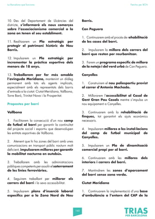 160
La Barcelona que funciona Fem-ho per BCN
10. Des del Departament de Llicències del
districte, s’informarà els nous comerços
sobre l’associacionisme comercial a la
zona on tenen el seu establiment.
11. Realitzarem un Pla estratègic per
protegir el patrimoni històric de Nou
Barris.
12. Impulsarem un Pla estratègic per
incrementar la pràctica esportiva dels
menors de 18 anys.
13. Treballarem per fer més amable
l’avinguda Meridiana, mantenint un diàleg
permanent amb tots els agents implicats,
especialment amb els representats dels barris
d’entrada a la ciutat: Ciutat Meridiana, Vallbona,
Torre Baró, Trinitat Nova i la Prosperitat.
Propostes per barri
Vallbona
1. Facilitarem la consecució d’un nou camp
de futbol al barri per garantir la continuïtat
del projecte social i esportiu que desenvolupen
les entitats esportives de Vallbona.
2. Atenent que hi ha zones del barri amb unes
comunicacions en transport públic nocturn molt
deficient, impulsarem millores per garantir
la mobilitat nocturna en autobús.
3. Treballarem amb les administracions
públiquescompetentsperassolirelsoterrament
de les línies ferroviàries.
4. Seguirem treballant per millorar els
carrers del barri i la seva accessibilitat.
5. Impulsarem plans d’inserció laboral
específics per a la Zona Nord de Nou
Barris.
Can Peguera
1. Continuarem amb el procés de rehabilitació
de les cases del barri.
2. Impulsarem la millora dels carrers del
barri que resten per reurbanitzar.
3. Farem un programa específic de millora
de la neteja i del verd urbà de Can Peguera.
Canyelles
1. Construirem el nou poliesportiu previst
al carrer d’Antonio Machado.
2. Millorarem l’accessibilitat al Casal de
Gent Gran Pau Casals mentre s’impulsa un
nou equipament a Canyelles.
3. Continuarem amb la rehabilitació de
finques, tot garantint els ajuts econòmics
necessaris.
4. Impulsarem millores a les instal·lacions
del camp de futbol municipal de
Canyelles.
5. Impulsarem un Pla de dinamització
comercial propi per al barri.
6. Continuarem amb les millores dels
interiors i carrers del barri.
7. Mantindrem les zones d’aparcament
del barri sense zona verda.
Ciutat Meridiana
1. Continuarem la implementació d’una base
d’ambulància a l’entorn del CAP de la
 