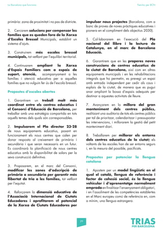 29
La Barcelona que funciona Fem-ho per BCN
primària: zona de proximitat i no pas de districte.
2. Cercarem solucions per compensar les
famílies que es queden fora de la Xarxa
d’Escoles Bressol Municipals, establint un
sistema d’ajuts.
3. Construirem més escoles bressol
municipals, tot vetllant per l’equilibri territorial.
4. Continuarem ampliant la Xarxa
d’Espais Familiars com a espais de
suport, atenció, acompanyament a les
famílies i atenció educativa per a aquelles
famílies que no vulguin fer ús de l’escola bressol.
Propostes d’escoles obertes
1. Garantirem un treball molt més
coordinat entre els centres educatius i
el Consorci d’Educació de Barcelona, per
treballar amb una estratègia compartida en tots
aquells temes dels quals són corresponsables.
2. Impulsarem el Pla director 23-28
de nous equipaments educatius, posant en
funcionament els nous centres que calen per
donar resposta al creixement de primària i
secundària i que seran necessaris en un futur.
Es coordinarà la planificació de nous centres
educatius amb la disponibilitat de solars per la
seva construcció definitiva.
3. Proposarem, en el marc del Consorci,
modificar les zones d’adscripció de
primària a secundària per garantir més
llibertat de tria a les famílies, tot vetllant
per l’equitat.
4. Reforçarem la dimensió educativa de
l’Associació Internacional de Ciutats
Educadores i aprofitarem el potencial
de la Xarxa de Ciutats Educadores per
impulsar nous projectes (Barcelona, com a
banc de proves de noves pràctiques educatives i
pionera en el compliment dels objectius 2030).
5. Col·laborarem en l’execució del Pla
nacional del llibre i la lectura de
Catalunya, en el marc de Barcelona
Educació.
6. Garantirem que en les properes noves
construccions de centres educatius de
la ciutat de Barcelona, així com en altres
equipaments municipals i en les rehabilitacions
integrals que ho permetin, es prevegi un espai
amb entrada independent per cedir als caus i
esplais de la ciutat, de manera que es pugui
anar ampliant la bossa d’espais adequats per
destinar a aquestes activitats de lleure.
7. Avançarem en la millora del gran
manteniment dels centres públics,
realitzant una auditoria de tots els centres públics
per tal de prioritzar, calendaritzar i pressupostar
les intervencions, i millorarem la gestió del petit
manteniment diari.
8. Treballarem per millorar els entorns
dels centres educatius de la ciutat; els
voltants de les escoles han de ser entorns segurs
i, en la mesura del possible, pacificats.
Propostes per potenciar la llengua
catalana
1. Apostem per un model lingüístic en el
qual el català, llengua de referència i
factor de cohesió social, és la llengua
vehicular i d’aprenentatge normalment
emprada en finalitzar l’ensenyament obligatori,
i en l’assoliment de les competències establertes
en el Marc europeu comú de referència en, com
a mínim, una llengua estrangera.
 