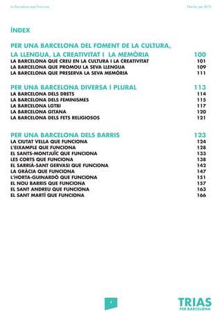 4
La Barcelona que funciona Fem-ho per BCN
PER UNA BARCELONA DEL FOMENT DE LA CULTURA,
LA LLENGUA, LA CREATIVITAT I LA MEMÒRIA 100
LA BARCELONA QUE CREU EN LA CULTURA I LA CREATIVITAT 101
LA BARCELONA QUE PROMOU LA SEVA LLENGUA 109
LA BARCELONA QUE PRESERVA LA SEVA MEMÒRIA 111
PER UNA BARCELONA DIVERSA I PLURAL 113
LA BARCELONA DELS DRETS 114
LA BARCELONA DELS FEMINISMES 115
LA BARCELONA LGTBI 117
LA BARCELONA GITANA 120
LA BARCELONA DELS FETS RELIGIOSOS 121
PER UNA BARCELONA DELS BARRIS 123
LA CIUTAT VELLA QUE FUNCIONA 124
L’EIXAMPLE QUE FUNCIONA 128
EL SANTS-MONTJUÏC QUE FUNCIONA 133
LES CORTS QUE FUNCIONA 138
EL SARRIÀ-SANT GERVASI QUE FUNCIONA 142
LA GRÀCIA QUE FUNCIONA 147
L’HORTA-GUINARDÓ QUE FUNCIONA 151
EL NOU BARRIS QUE FUNCIONA 157
EL SANT ANDREU QUE FUNCIONA 163
EL SANT MARTÍ QUE FUNCIONA 166
ÍNDEX
 