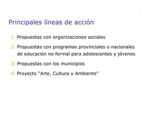 Principales líneas de acción Propuestas con organizaciones sociales Propuestas con programas provinciales o nacionales de educación no formal para adolescentes y jóvenes Propuestas con los municipios Proyecto “Arte, Cultura y Ambiente” 