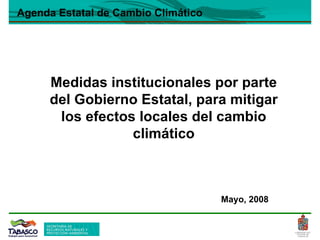 Medidas institucionales por parte del Gobierno Estatal, para mitigar los efectos locales del cambio climático Mayo, 2008 Agenda Estatal de Cambio Climático 