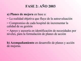 FASE 2: AÑO 2003 a)  Planes de mejora  en base a: La realidad objetiva que fluye de la autoevaluación Compromiso de cada hospital de incrementar la calidad de su gestión Apoyo y asesoría en identificación de necesidades por niveles, para la formulación de planes de acción  b)  Acompañamiento  en desarrollo de planes y acción de mejoras. 