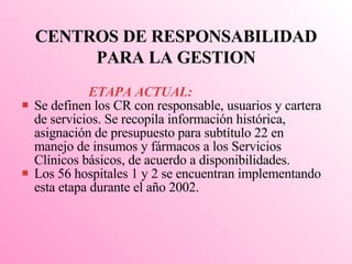 CENTROS DE RESPONSABILIDAD PARA LA GESTION ETAPA  ACTUAL: Se definen los CR  con  responsable, usuarios  y  cartera de servicios . Se recopila  información histórica, asigna ción   de  presupuesto para subtítulo 22 en manejo de insumos  y fármacos  a los Servicios Clínicos básicos, de acuerdo a disponibilidades. Los 56 hospitales 1 y 2 se encuentran implementando esta etapa durante el año 2002. 