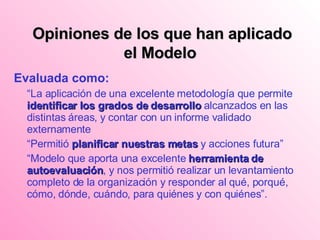 Opiniones de los que han aplicado el Modelo Evaluada como: “ La aplicación de una excelente metodología que permite  identificar los grados de desarrollo  alcanzados en las distintas áreas, y contar con un informe validado  externamente “ Permitió  planificar nuestras metas  y acciones futura” “ Modelo que aporta una excelente  herramienta de  autoevaluación , y nos permitió realizar un levantamiento  completo de la organización y responder al qué, porqué, cómo, dónde, cuándo, para quiénes y con quiénes”. 