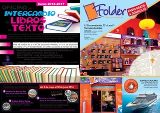 Sorteo CruCero
por el Mediterráneo
para 2 personas*.
*Consultar bases en tienda.
¡¡SU
PER PRO
M
ODEA
PERTUR
A!!•
ENVÍOGRATIS
A DOMICILIO
C/ Circunvalación, 72 - Local 1
Torrejón de Ardoz
HorArio: Lunes a viernes
de 10:00 a 14:00 h.
y de 17:00 a 20:30 h.
Sábados:
10:30 a 14:00 h.
Curso 2016-2017
AhorapuedesdejarenlaConcejalíadeEducaciónloslibrosescolaresque
hayas usado y que estén en buen estado de conservación, y que sirvan
para el próximo curso escolar, siempre que estos estén disponibles.
Entrega/donación de los libros: del 27 de junio al 6 de julio de 2016.
Lugar: Concejalía de Educación, Calle Boyeros, 5.
Tfno: 91 678 25 60 - e-mail: educacion@ayto-torrejon.es
Horario: Lunes a Jueves: 9:00 a 13:00 h. y 16:30 a 19:30 h.
Viernes: 9:00 a 13:00 h.
* Entregados los libros se asignará una cita, por orden de entrega, para la retirada
de los libros solicitados, siempre que estén disponibles.
Podrán participar en este programa todas las familias del alumnado matriculado
entre los cursos de 3º a 6º de Educación Primaria, 1º a 4º de Educación
Secundaria y 1º y 2º de Bachillerato, en centros escolares de Torrejón de Ardoz.
b iblioteca Gabriel Celaya
Horario: De lunes a viernes de 8:30 a 21:15 h.
Dirección: Centro Cultural “Las Fronteras”
C/ Salvador Allende, 7. Tel.: 91 677 22 23
b iblioteca Central
Horario: De lunes a domingo de 8:30 a 2:00 h.
Dirección: C/ Londres, esquina C/ budapest
Cuenta con sala de estudio para 150 personas, sala de
literatura infantil y juvenil, sala de préstamo y consultas
para adultos, hemeroteca y sala multimedia.
b iblioteca La Caja del Arte
Horario: De lunes a viernes de 8:30 a 21:15 h.
Dirección: C/ Joaquín blume
esquina calle Eos, 1. Tel.: 91 235 31 98
Bibliotecasconhorariosampliados del 3 de mayo al 30 de junio 2016
b i b L i o T E C A
Los días 20 y 21 de junio, con motivo de las Fiestas Populares, no abrirán las bibliotecas de La Caja del Arte y Gabriel Celaya.
Oficina DE
INTERCAMBIO
DE LiBROS
DETEXTO
 