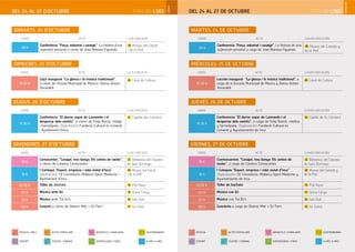 FIRA DE L’OCI DEL 24 AL 27 DE OCTUBRE
CASTELLANO
ESPORT
MÚSICA
TEATRE I CINEMA
ACTES POPULARS
EXPOSICIONS I FIRES
INFANTILS I FAMILIARS
A MÉS A MÉS
GASTRONOMIA
FIRA DE L’OCI
CATALÀ
HORA ACTE LLOC/UBICACIÓ
20 h
Conferència: “Força, voluntat i coratge”. La història d’una
superació personal, a càrrec de Joan Reinoso Figuerola
28 Museu del Calçat
i de la Pell
HORA ACTE LLOC/UBICACIÓ
19.30 h
Lliçó inaugural: “La glossa i la música tradicional”,
a càrrec de l’Escola Municipal de Música i Dansa Antoni
Torrandell
26 Casal de Cultura
HORA ACTE LLOC/UBICACIÓ
19.30 h
Conferència: “El darrer sopar de Leonardo i el
despertar dels sentits”, a càrrec de Felip Ramis, metge
i homeòpata. Organització: Fundació Cultural es Convent
i Ajuntament d’Inca
13 Capella des Convent
HORA ACTE LLOC/UBICACIÓ
18 h
Contacontes: “Caragol, treu banya. Els contes de tardor”,
a càrrec de Catalina Contacontes
25 Biblioteca del Claustre
de Sant Domingo
19 h
I Col·loqui “Esport, empresa i vida ciutat d’Inca”
Organització: CE Constància, Mallorca Sport Medicine i
Ajuntament d’Inca
28 Museu del Calçat
i de la Pell
22.30 h Taller de bachata 12 Pub Aqua
23 h Música amb DJ 12 Quina Canya
23 h Música amb Tià DJ’s 14 Sart Club
00 h Concert a càrrec de District Mot + DJ Ferri 12 Sa Lluna
DIVENDRES, 20 D’OCTUBREDIVENDRES, 27 D’OCTUBRE
DIMECRES, 18 D’OCTUBREDIMECRES, 25 D’OCTUBRE
DIJOUS, 19 D’OCTUBREDIJOUS, 26 D’OCTUBRE
DIMARTS, 24 D’OCTUBRE
DEL 24 AL 27 D’OCTUBRE
HORA ACTO LUGAR/UBICACIÓN
20 h
Conferencia: “Força, voluntat i coratge”. La historia de una
superación personal, a cargo de Joan Reinoso Figuerola
28 Museo del Calzado y
de la Piel
HORA ACTO LUGAR/UBICACIÓN
19.30 h
Lección inaugural: “La glossa i la música tradicional”, a
cargo de la Escuela Municipal de Música y Danza Antoni
Torrandell
26 Casal de Cultura
HORA ACTO LUGAR/UBICACIÓN
19.30 h
Conferencia: “El darrer sopar de Leonardo i el
despertar dels sentits”, a cargo de Felip Ramis, médico
y homeópata. Organización: Fundació Cultural es
Convent y Ayuntamiento de Inca
13 Capilla de Es Convent
HORA ACTO LUGAR/UBICACIÓN
18 h
Cuentacuentos: “Caragol, treu banya. Els contes de
tardor”, a cargo de Catalina Contacontes
25 Biblioteca del Claustro
de Sant Domingo
19 h
I Coloquio “Esport, empresa i vida ciutat d’inca”
Organización: CE Constància, Mallorca Sport Medicine y
Ayuntamiento de Inca
28 Museo del Calzado y
de la Piel
22.30 h Taller de bachata 12 Pub Aqua
23 h Música con DJ 12 Quina Canya
23 h Música con Tià DJ’s 14 Sart Club
00 h Concierto a cargo de District Mot + DJ Ferri 12 Sa Lluna
DIVENDRES, 20 D’OCTUBREVIERNES, 27 DE OCTUBRE
DIMECRES, 18 D’OCTUBREMIÉRCOLES, 25 DE OCTUBRE
DIJOUS, 19 D’OCTUBREJUEVES, 26 DE OCTUBRE
MARTES, 24 DE OCTUBRE
ESPORT
MÚSICA I BALL
TEATRE I CINEMA
ACTES POPULARS
EXPOSICIONS I FIRES
INFANTILS I FAMILIARS
A MÉS A MÉS
GASTRONOMIA
 