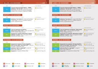 FIRA DE L’ART
HORA ACTE LLOC/UBICACIÓ
19 h
I Encontre Empresarial Radio Mallorca – PIMEM.
Conferència: “Yes You Can!!, a càrrec del Sr. Corrales.
Posteriorment hi haurà una sessió de networking.
Entrada de franc reservant a Cadena Ser o PIMEM
22 Fàbrica Ramis
CASTELLANO
FIRA DE L’ART
CATALÀ
DEPORTE
MÚSICA Y BAILE
TEATRO, CINE
Y LITERATURA
ACTOS POPULARES
EXPOSICIONES Y FERIAS
INFANTILES Y FAMILIARES
Y ADEMÁS
GASTRONOMÍA
ESPORT
MÚSICA I BALL
TEATRE I CINEMA
ACTES POPULARS
EXPOSICIONS I FIRES
INFANTILS I FAMILIARS
A MÉS A MÉS
GASTRONOMIA
DILLUNS, 6 DE NOVEMBRE
HORA ACTE LLOC/UBICACIÓ
19 h
Conferència: “Inca street art”, a càrrec de Toni Maura
i Catalina Mayol. Organització: Fundació Cultural es
Convent i Ajuntament d’Inca
13 Capella des Convent
DIVENDRES, 20 D’OCTUBREDIMARTS, 7 DE NOVEMBRE
LUNES, 6 DE NOVIEMBRE
HORA ACTE LLOC/UBICACIÓ
19.30 h
I Cicle de Conferències Inca Business:
“Quely: passat, present i futur”, a càrrec de Gabriel Coll
Abrines, conseller delegat de Quely
28 Museu del Calçat
i de la Pell
20 h
Inauguració de l’exposició “Reinventant la jugueta
tradicional i mecànica”. Mostra de juguetes d’autor
elaborades per Mariano Salido
25 Sala d’exposicions del
Claustre de Sant Domingo
DIVENDRES, 20 D’OCTUBREDIJOUS, 9 DE NOVEMBRE
HORA ACTE LLOC/UBICACIÓ
19 h
Inauguració de l’exposició “De festa fotogràﬁca -
Festes de Sant Abdon i Sant Senén 2017”, a càrrec de
Comunitart i l’Ajuntament d’Inca
25 Sala de vidre del
Claustre de Sant Domingo
19.30 h
Conferència: “Què és el rugbi light?”, a càrrec de
Mallorca Bocs Rugby Club
28 Museu del Calçat i de
la Pell
20 h Inauguració de l’exposició d’Antonio Teba 45 Casal de Cas Metge Cifre
DIVENDRES, 20 D’OCTUBREDIVENDRES, 10 DE NOVEMBRE
HORA ACTO LUGAR/UBICACIÓN
19 h
I Encuentro Empresarial Radio Mallorca – PIMEM.
Conferencia: “Yes You Can!!“, a cargo del Sr. Corrales.
Posteriormente habrá una sesión de networking.
Entrada gratuita reservando en Cadena Ser o PIMEM
22 Fàbrica Ramis
HORA ACTO LUGAR/UBICACIÓN
19 h
Conferencia: “Inca street art”, a cargo de Toni Maura
y Catalina Mayol. Organización: Fundació Cultural es
Convent y Ayuntamiento de Inca
13 Capilla de Es Convent
DIVENDRES, 20 D’OCTUBREMARTES, 7 DE NOVIEMBRE
HORA ACTO LUGAR/UBICACIÓN
19.30 h
I Ciclo de Conferencias Inca Business: “Quely: passat,
present i futur”, a cargo de Gabriel Coll Abrines,
consejero delegado de Quely
28 Museo del Calzado y
de la Piel
20 h
Inauguración de la exposición “Reinventant la jugueta
tradicional i mecànica”. Muestra de juguetes de autor
elaborados por Mariano Salido
25 Sala de exposiciones
del Claustro de Sant
Domingo
DIVENDRES, 20 D’OCTUBREJUEVES, 9 DE NOVIEMBRE
DIVENDRES, 20 D’OCTUBREVIERNES, 10 DE NOVIEMBRE
HORA ACTO LUGAR/UBICACIÓN
19 h
Inauguración de la exposición “De festa fotogràﬁca –
Festes de Sant Abdon i Sant Senén 2017”, a cargo de
Comunitart y el Ayuntamiento de Inca.
25 Sala de vidrio del
Claustro de Sant Domingo
19.30 h
Conferencia:“Què és el rugbi light?”, a cargo de
Mallorca Bocs Rugby Club
28 Museu del Calçat i de
la Pell
20 h Inauguración de la exposición de Antonio Teba 45 Casal de Cas Metge Cifre
 