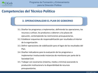 Competencias del Técnico Político

              3. OPERACIONALIZAR EL PLAN DE GOBIERNO


         3.1. Diseñar los programas a implementar, definiendo las operaciones, los
             recursos a utilizar, los productos a obtener y los plazos de
             ejecución, contemplando las restricciones presupuestarias.
         3.2. Establecer esquemas de responsabilización por resultados al interior
             de la organización.
         3.3. Definir operaciones de viabilización para el logro de los resultados del
             Plan.
         3.4. Diseñar indicadores para la evaluación de los programas a
             implementar involucrando instancias de monitoreo por parte de la
             Sociedad Civil.
         3.5. Trabajar con escenarios (máxima, media y mínima) asociando la
             producción institucional a la disponibilidad de recursos
             presupuestarios.
 