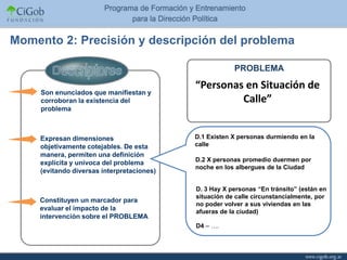 Momento 2: Precisión y descripción del problema

                                                        PROBLEMA
                                            “Personas en Situación de
     Son enunciados que manifiestan y
     corroboran la existencia del                    Calle”
     problema



     Expresan dimensiones                   D.1 Existen X personas durmiendo en la
     objetivamente cotejables. De esta      calle
     manera, permiten una definición
                                            D.2 X personas promedio duermen por
     explícita y unívoca del problema
                                            noche en los albergues de la Ciudad
     (evitando diversas interpretaciones)

                                            D. 3 Hay X personas “En tránsito” (están en
                                            situación de calle circunstancialmente, por
    Constituyen un marcador para
                                            no poder volver a sus viviendas en las
    evaluar el impacto de la                afueras de la ciudad)
    intervención sobre el PROBLEMA
                                            D4 – ….
 