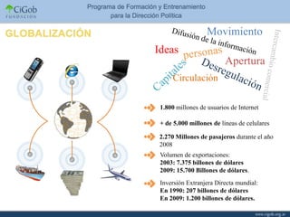 Movimiento
Ideas
                          Apertura
     Circulación

 1.800 millones de usuarios de Internet

 + de 5.000 millones de líneas de celulares

 2.270 Millones de pasajeros durante el año
 2008
 Volumen de exportaciones:
 2003: 7.375 billones de dólares
 2009: 15.700 Billones de dólares.
 Inversión Extranjera Directa mundial:
 En 1990: 207 billones de dólares
 En 2009: 1.200 billones de dólares.
 