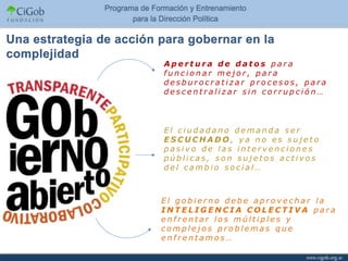 Apertura de datos para
funcionar mejor, para
desburocratizar procesos, para
descentralizar sin corrupción…




El ciudadano demanda ser
ESCUCHADO, ya no es sujeto
pasivo de las intervenciones
públicas, son sujetos activos
del cambio social…



El gobierno debe aprovechar la
INTELIGENCIA COLECTIVA para
enfrentar los múltiples y
complejos problemas que
enfrentamos…
 