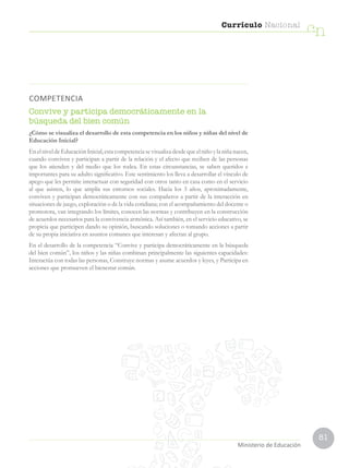 81
Currículo Nacional
cn
Ministerio de Educación
COMPETENCIA
Convive y participa democráticamente en la
búsqueda del bien común
¿Cómo se visualiza el desarrollo de esta competencia en los niños y niñas del nivel de
Educación Inicial?
En el nivel deEducación Inicial, esta competencia sevisualiza desdequeel niño yla niña nacen,
cuando conviven y participan a partir de la relación y el afecto que reciben de las personas
que los atienden y del medio que los rodea. En estas circunstancias, se saben queridos e
importantes para su adulto significativo. Este sentimiento los lleva a desarrollar el vínculo de
apego que les permite interactuar con seguridad con otros tanto en casa como en el servicio
al que asisten, lo que amplía sus entornos sociales. Hacia los 3 años, aproximadamente,
conviven y participan democráticamente con sus compañeros a partir de la interacción en
situaciones de juego, exploración o de la vida cotidiana; con el acompañamiento del docente o
promotora, van integrando los límites, conocen las normas y contribuyen en la construcción
de acuerdos necesarios para la convivencia armónica. Así también, en el servicio educativo, se
propicia que participen dando su opinión, buscando soluciones o tomando acciones a partir
de su propia iniciativa en asuntos comunes que interesan y afectan al grupo.
En el desarrollo de la competencia “Convive y participa democráticamente en la búsqueda
del bien común”, los niños y las niñas combinan principalmente las siguientes capacidades:
Interactúa con todas las personas, Construye normas y asume acuerdos y leyes, y Participa en
acciones que promueven el bienestar común.
 