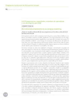 Programa curricular de Educación Inicial
VI. Áreas curriculares
6.3.2 Competencias, capacidades, estándares de aprendizaje
y sus desempeños por edad
COMPETENCIA
Se comunica oralmente en su lengua materna
¿Cómo se visualiza el desarrollo de esta competencia en los niños y niñas del nivel
de Educación Inicial?
En los primeros años, los niños comunican a través de gestos, sonrisas, llantos, balbuceos, sus
deseos, necesidades e intereses al adulto significativo con el que interactúan. En esta etapa,
aparecen progresivamente palabras significativas como parte del vocabulario de los niños. Es
en las actividades cotidianas —
como el juego, los momentos de alimentación, de cambio de
ropa, entre otros—que surgen diversas interacciones verbales a través de las cuales, los niños
van desarrollando el lenguaje y lo utilizan para pedir, designar, expresar sus deseos, establecer
vínculo afectivo, para comunicarse con el adulto y otro niños.
En forma constante, los niños irán ampliando su lenguaje e interactuando con grupos de
niños más numerosos. Pasan de una comunicación predominantemente gestual y basada en
lo sobreentendido a una comunicación donde surgen los intercambios lingüísticos cada vez
más adecuados a lo que quieren decir, y a quién o quiénes se quiere dirigir. Asimismo, en la
interacción cotidiana con los otros, los niños aprenden a practicar una escucha atenta y a usar
el lenguaje recurriendo a algunas normas básicas, preguntar por algo que les interesa saber,
por algo que no entienden, seguir indicaciones orales para resolver una actividad u opinar
sobre el cuento o historia escuchado, plantear propuestas para, por ejemplo, cuidar las plantas
de su IE o para complementar lo que dice para ser comprendido por los demás.
Durante su permanencia en los servicios educativos de Educación Inicial, los niños transitan
por diferentes momentos de la jornada diaria (juego en sectores, juego libre, refrigerio, recreo,
momentos de cuidado, actividad autónoma), los cuales se convierten en oportunidades para que
se expresen libremente sin temor de ser corregidos o sancionados y donde son acompañados
por un adulto que escucha y acoge sus ideas. Además, es importante que los niños de 3 a 5 años
participen de otros espacios como las asambleas, en las cuales pueden hablar progresivamente de
forma más organizada, por ejemplo, levantando la mano para intervenir, escuchando en silencio
al otro o esperando su turno para intervenir. También es relevante que tengan oportunidades para
realizar entrevistas, a través de las cuales formulan preguntas, confrontan sus ideas, argumentan,
llegan a conclusiones. En todas estas situaciones, es el docente quien escucha atentamente a los
niños e interviene de forma pertinente con preguntas que los ayuden a ampliar información sobre
aquello que no es entendido. De esta manera, se genera un clima de seguridad, confianza y libertad
que favorece los intercambios verbales entre los mismos niños y de los niños con el docente.
En el desarrollo de la competencia “Se comunica oralmente en su lengua materna”, los niños
y las niñas combinan, principalmente, las siguientes capacidades: Obtiene información del
texto oral, Infiere e interpreta información del texto oral, Adecúa, organiza y desarrolla el
texto oral de forma coherente y cohesionada, Utiliza recursos no verbales y paraverbales
de forma estratégica, Interactúa estratégicamente con distintos interlocutores y Reflexiona y
evalúa la forma, el contenido y el contexto del texto oral.
 
