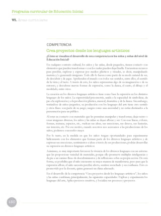 Programa curricular de Educación Inicial
VI. Áreas curriculares
COM
PETENCIA
Crea proyectos desde los lenguajes artísticos
¿Cómo se visualiza el desarrollo de esta competencia en los niños y niñas del nivel de
Educación Inicial?
En cualquier contexto cultural, los niños y las niñas, desde pequeños, tienen contacto con
elementos que pueden transformar o con los cuales pueden dejar huella. Encuentran recursos
para percibir, explorar y expresar por medios plásticos y visuales, es decir, manipulando
materia y/o generando imágenes. Todo ello lo hacen como parte de su modo natural de ser,
de descubrir y de jugar. Aprehenden el mundo con todos sus sentidos, entre ellos, el sentido
de la vista y el tacto. A través de esto, los niños representan algo de su imaginación o de su
entorno, y descubren nuevas formas de expresión, como la danza, el canto, el dibujo y el
modelado, entre otros.
La creación en los diversos lenguajes artísticos tiene como base la expresión en los distintos
lenguajes de los niños. La expresividad psicomotriz, unida a la capacidad de simbolizar, da
pie a la exploración y a la producción plástica, musical, dramática y de la danza. Sin embargo,
tratándose de niños pequeños, su producción con los lenguajes del arte tiene otro sentido
y otros fines: son parte de su juego; surgen como una necesidad y no están destinados a la
presentación para un público.
Al estar en contacto con materiales que les permitan manipular y transformar, dejar rastro o
crear imágenes diversas, los niños y las niñas se dejan aflorar y ser. Con esas líneas, colores,
formas, texturas, espacios, etc., vuelcan sus ideas, sus emociones, sus deseos, sus fantasías,
sus temores, etc. Por ese motivo, cuando nosotros nos acercamos a las producciones de los
niños, podemos conocerlos mejor.
Por lo tanto, en la medida en que los niños tengan oportunidades para experimentar
lúdicamente con los elementos que forman parte de los diversos lenguajes artísticos y de
expresar sus emociones, sentimientos e ideas a través de sus producciones, podrán desarrollar
su expresión en diversos lenguajes artísticos.
Asimismo, es muy importante favorecer la vivencia de los diversos lenguajes con un entorno
que les proporcione variedad de materiales, porque ello promueve múltiples inteligencias y
da pie a un camino lleno de descubrimientos y de reflexiones sobre su propia acción. De esta
forma, se posibilita que el niño encuentre su mejor manera de manifestarse, pero para que la
expresión aflore, el niño necesita percibir afecto, sentirse escuchado y en confianza. Esto es
promovido por la docente, quien generará un clima adecuado.
En el desarrollo de la competencia “Crea proyectos desde los lenguajes artísticos”, los niños
y las niñas combinan, principalmente, las siguientes capacidades: Explora y experimenta los
lenguajes del arte, Aplica procesos creativos, y Socializa sus procesos y proyectos.
 